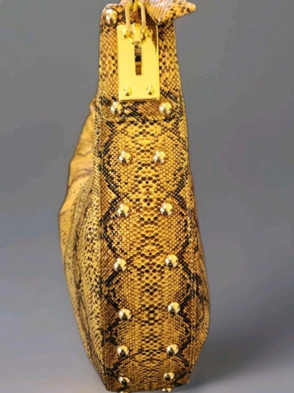 Calla Faux Snakeskin Hobo Handbag Golden Brown Python Print Studded Charm Y2K - Picture 16 of 16